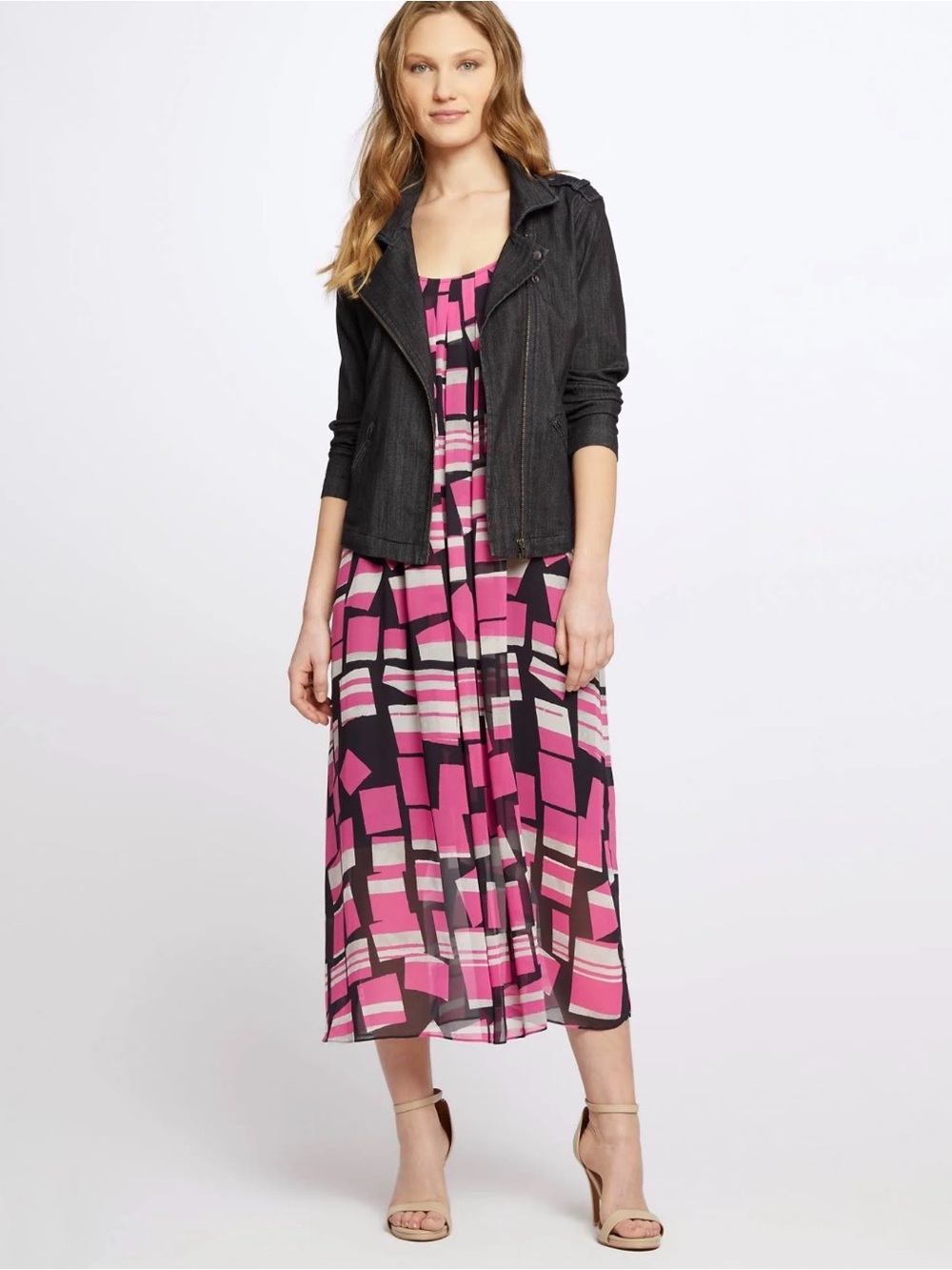 NIC + ZOE Geometric Pink & Black Sleeveless Midi Dress SZ L - Picture 3 of 4